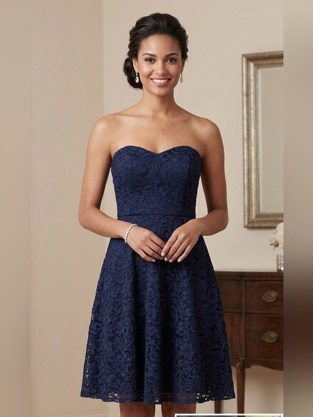 David's Bridal Marine Blue Lace Strapless Dress - Size 8 - F16010